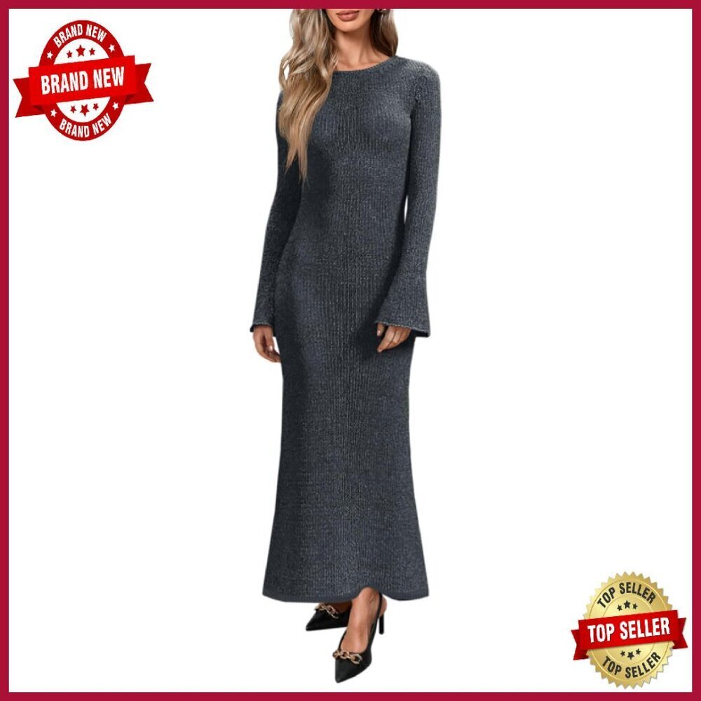 Long Sleeve Maxi Dress Slim Fit Knit Crewneck Flowy Sweater Dress